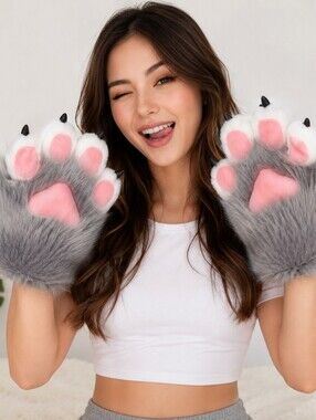 Gray Wolf Cat Paw Gloves Plush Faux Fur Cosplay Costume Mittens Claw Gloves NWT